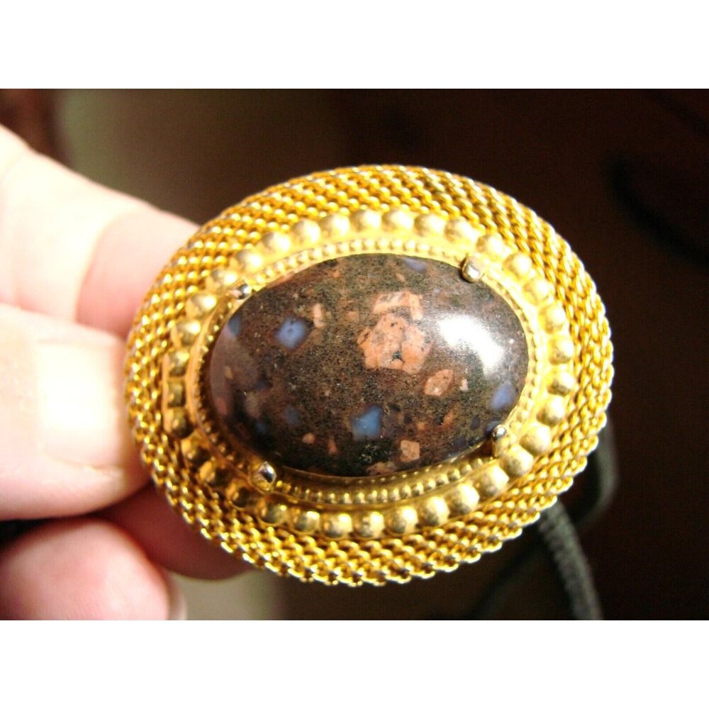 Natural Stone Cabochon Bolo Tie Oval Gold Tone Slide Brass Tips Black Cord Vtg
